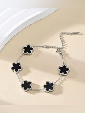 Silver Chain Bracelet with Black Clover Charms